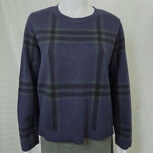 Unique Anne Klein Plaid Sweater Crewneck Women’s L Navy Green Short Boxy Fit